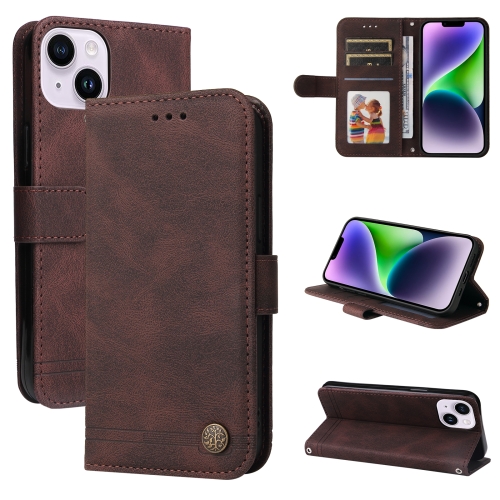 for iphone 15 plus butterfly flower pattern flip leather phone case brown For iPhone 15 Plus Skin Feel Life Tree Leather Phone Case(Brown)