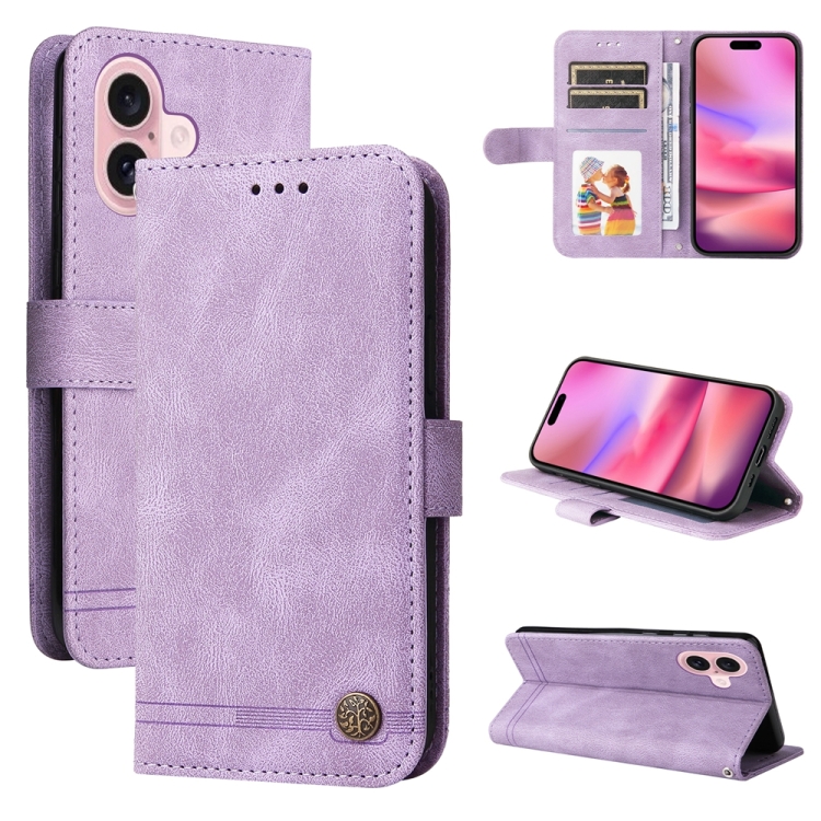 

For iPhone 16 Skin Feel Life Tree Leather Phone Case(Purple)