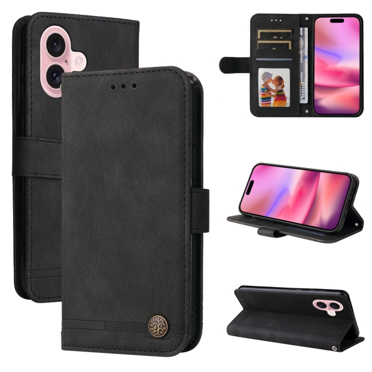 

For iPhone 16 Skin Feel Life Tree Leather Phone Case(Black)