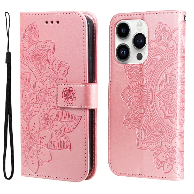 

For iPhone 15 Pro Max 7-petal Flowers Embossing Leather Phone Case(Rose Gold)