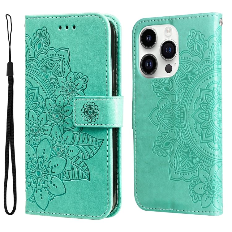 

For iPhone 15 Pro Seven-petal Flowers Embossing Leather Phone Case(Green)