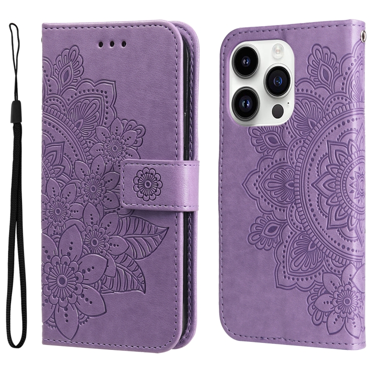 

For iPhone 15 Pro Seven-petal Flowers Embossing Leather Phone Case(Light Purple)