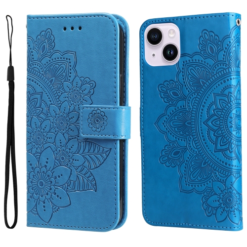 

For iPhone 15 7-petal Flowers Embossing Leather Phone Case(Blue)