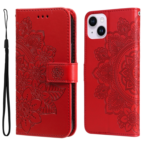 

For iPhone 15 Plus 7-petal Flowers Embossing Leather Phone Case(Red)