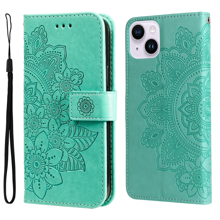 

For iPhone 15 Plus 7-petal Flowers Embossing Leather Phone Case(Green)