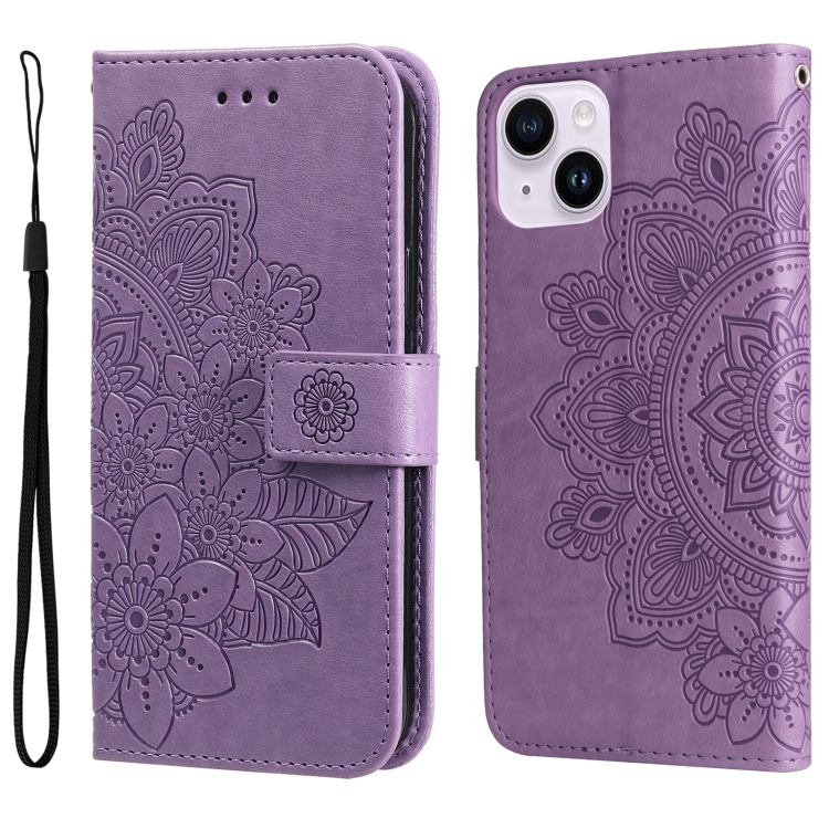 

For iPhone 15 Plus 7-petal Flowers Embossing Leather Phone Case(Light Purple)