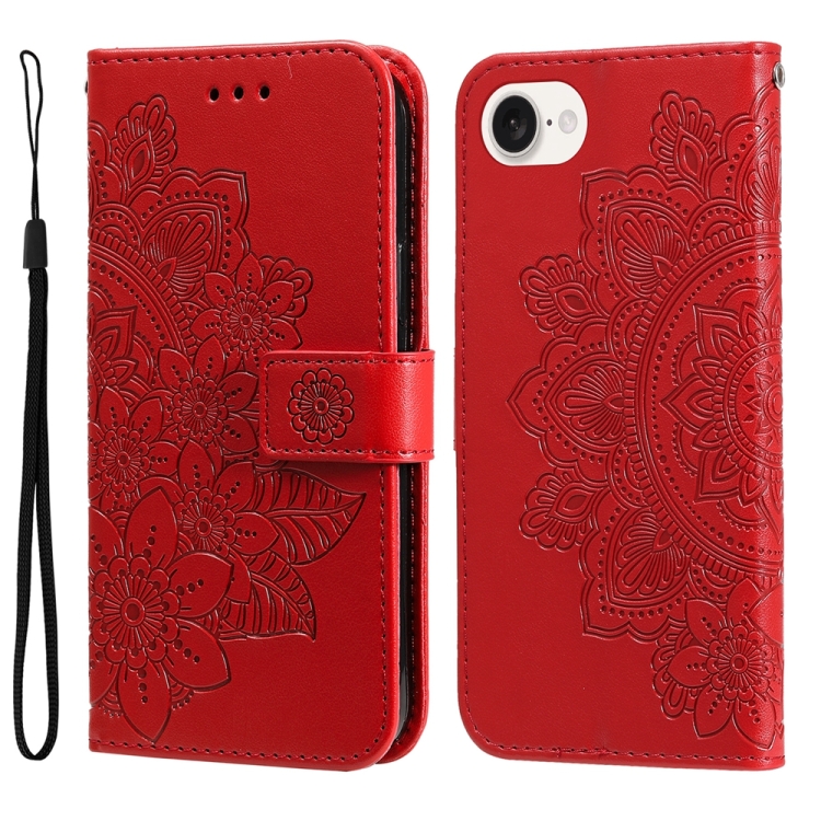 

For iPhone 16e Seven-petal Flowers Embossing Leather Phone Case(Red)