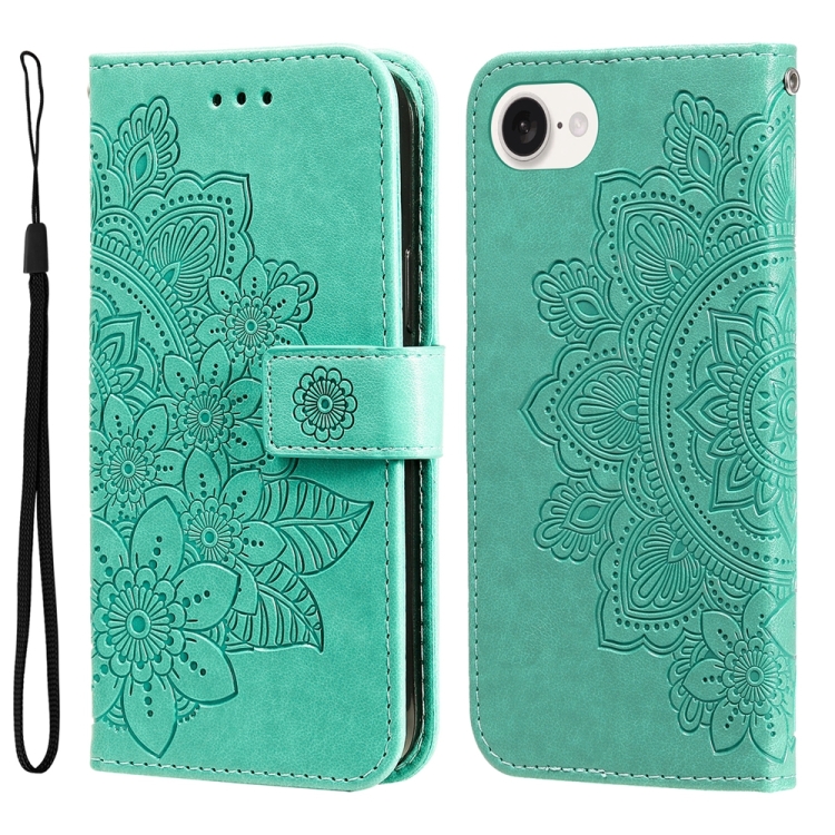 

For iPhone 16e Seven-petal Flowers Embossing Leather Phone Case(Green)
