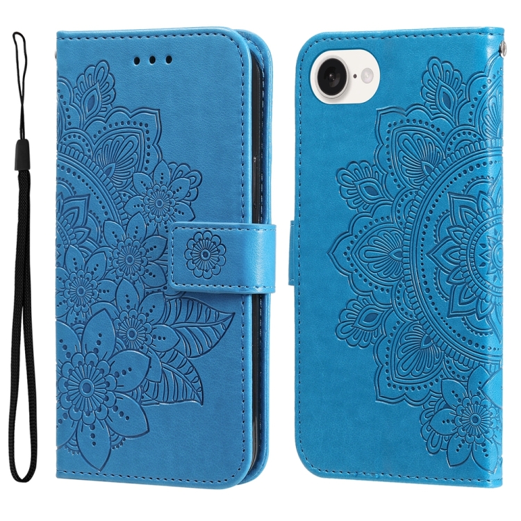 

For iPhone 16e Seven-petal Flowers Embossing Leather Phone Case(Blue)