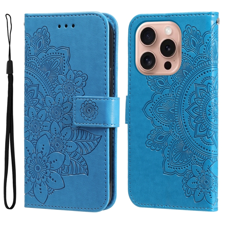 

For iPhone 16 Pro Seven-petal Flowers Embossing Leather Phone Case(Blue)
