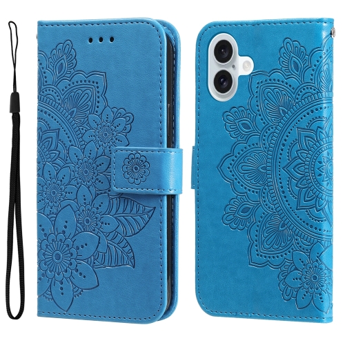 

For iPhone 16 Plus Seven-petal Flowers Embossing Leather Phone Case(Blue)