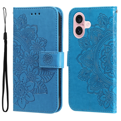 

For iPhone 16 Seven-petal Flowers Embossing Leather Phone Case(Blue)