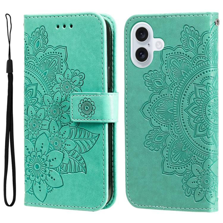 

For iPhone 17 Seven-petal Flowers Embossing Leather Phone Case(Green)