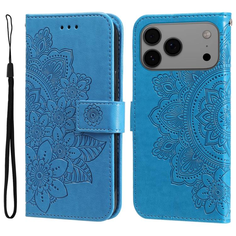 

For iPhone 17 Pro Max Seven-petal Flowers Embossing Leather Phone Case(Blue)