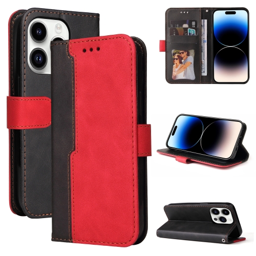 Für iPhone 15 Pro Max Nahtfarbene Leder-Handyhülle (Rot)