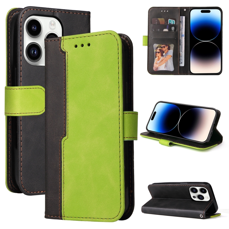 

For iPhone 15 Pro Max Stitching-color Leather Phone Case(Green)