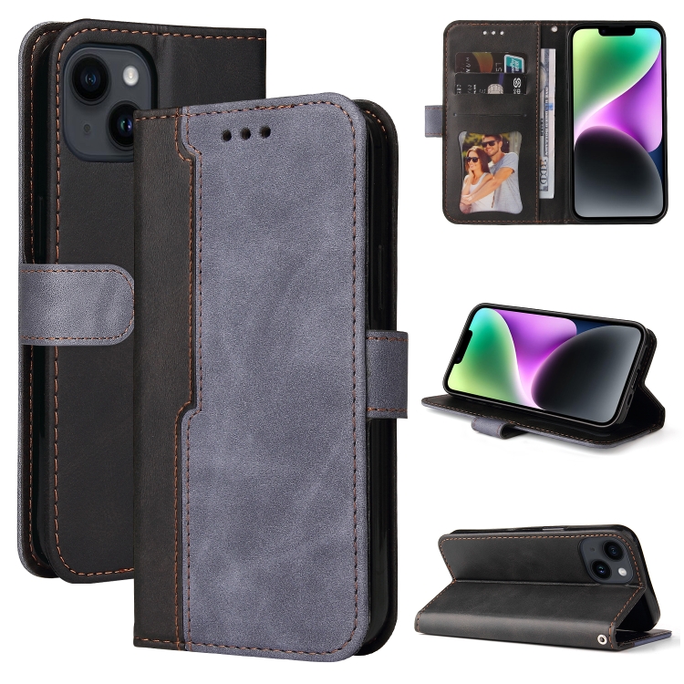 

For iPhone 15 Plus Stitching-color Leather Phone Case(Grey)