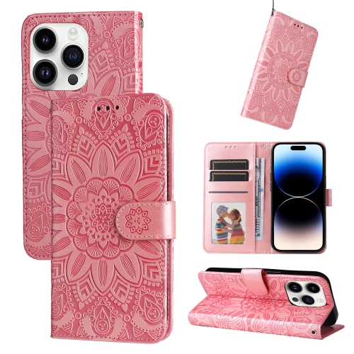 

For iPhone 15 Pro Max Embossed Sunflower Leather Phone Case(Pink)