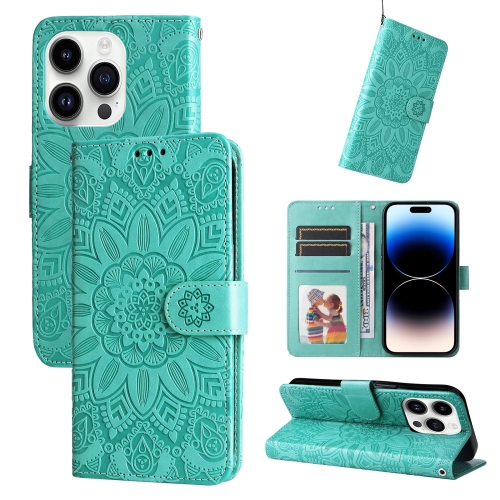 

For iPhone 15 Pro Max Embossed Sunflower Leather Phone Case(Green)