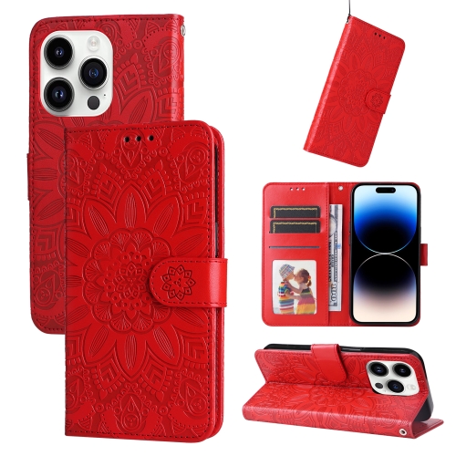 

For iPhone 15 Pro Max Embossed Sunflower Leather Phone Case(Red)