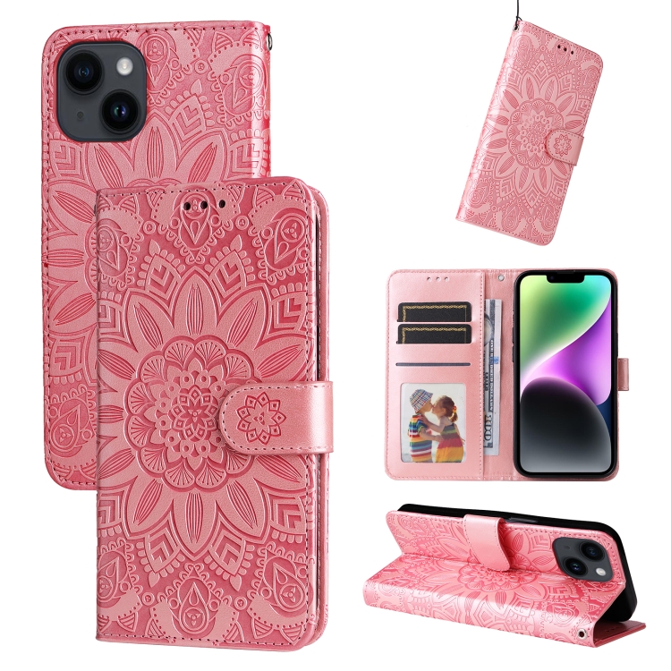 

For iPhone 15 Embossed Sunflower Leather Phone Case(Pink)