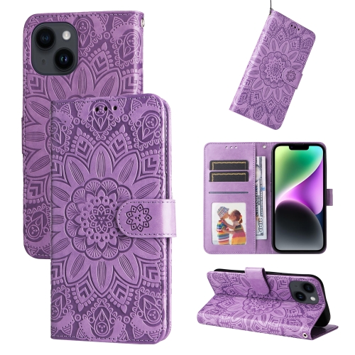 

For iPhone 15 Embossed Sunflower Leather Phone Case(Purple)