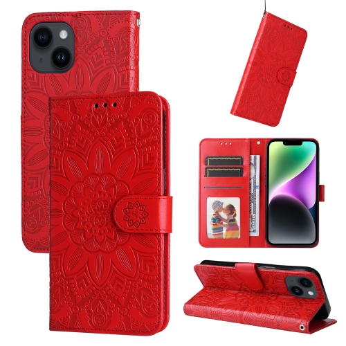 

For iPhone 15 Embossed Sunflower Leather Phone Case(Red)