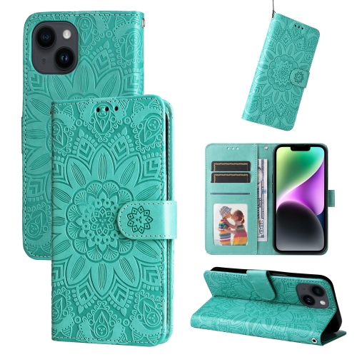 

For iPhone 15 Plus Embossed Sunflower Leather Phone Case(Green)