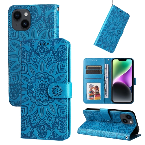 

For iPhone 15 Plus Embossed Sunflower Leather Phone Case(Blue)
