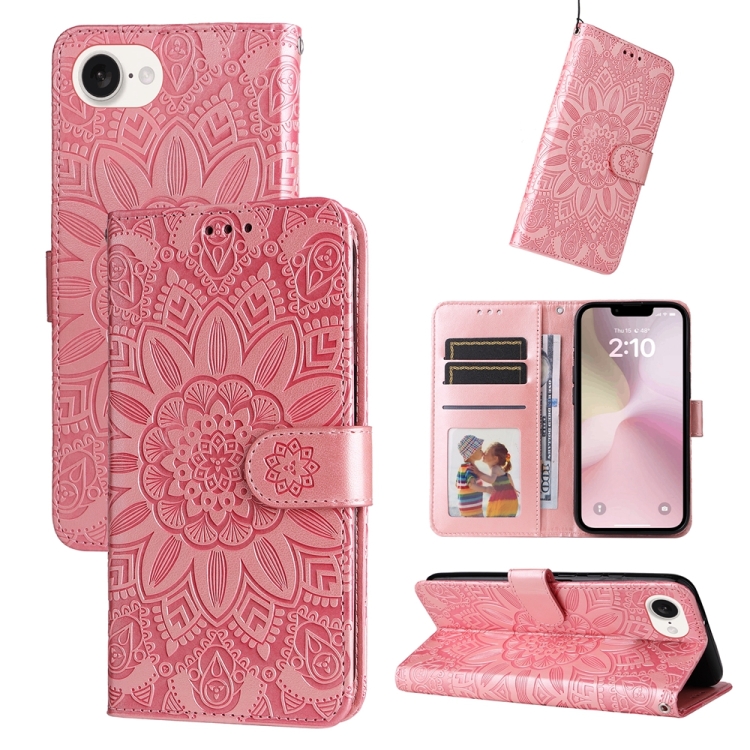 

For iPhone SE 20224 Embossed Sunflower Leather Phone Case(Pink)