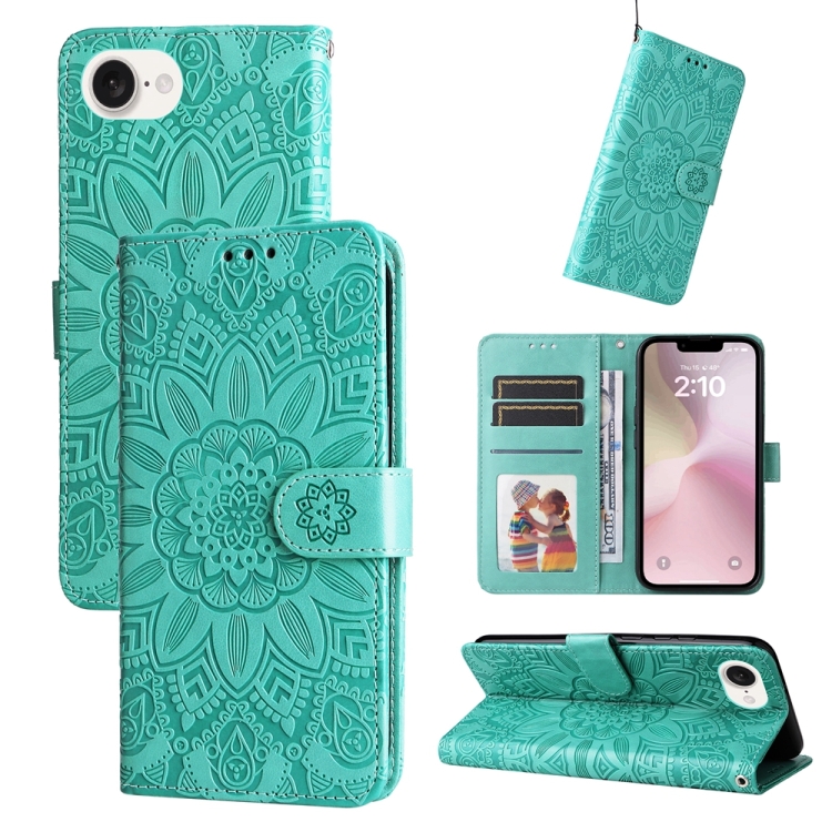 

For iPhone 16e Embossed Sunflower Leather Phone Case(Green)