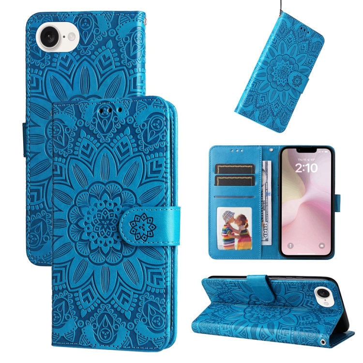 

For iPhone 16e Embossed Sunflower Leather Phone Case(Blue)