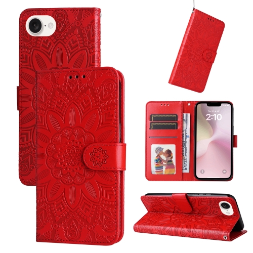 

For iPhone SE 20224 Embossed Sunflower Leather Phone Case(Red)