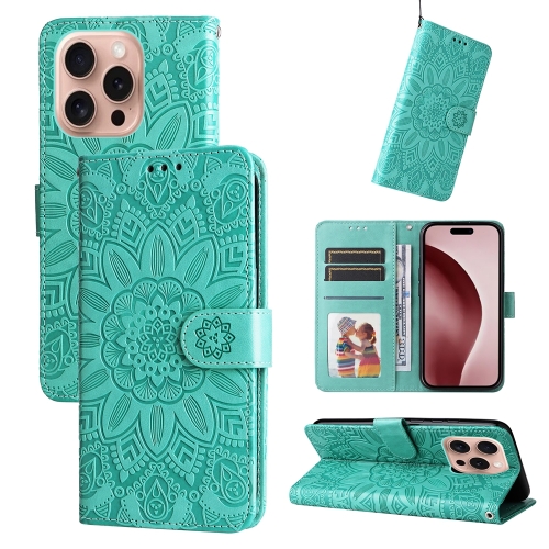 

For iPhone 16 Pro Embossed Sunflower Leather Phone Case(Green)