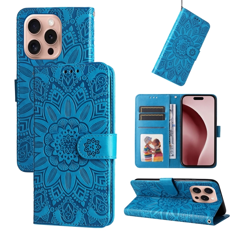 

For iPhone 16 Pro Embossed Sunflower Leather Phone Case(Blue)