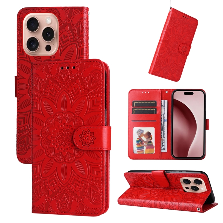 

For iPhone 16 Pro Embossed Sunflower Leather Phone Case(Red)