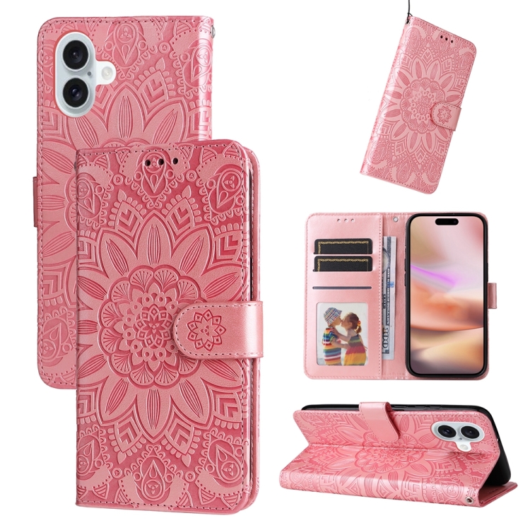 

For iPhone 16 Plus Embossed Sunflower Leather Phone Case(Pink)