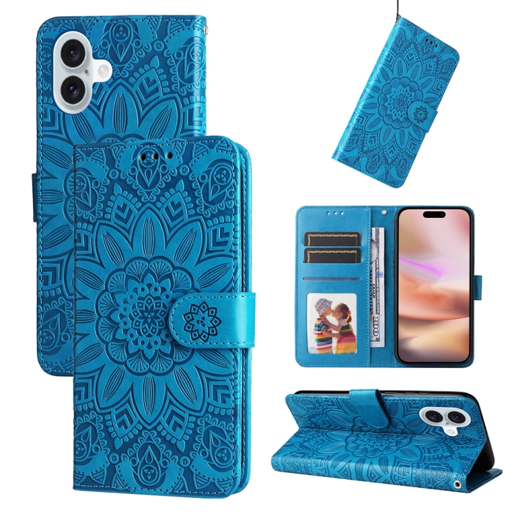 

For iPhone 16 Plus Embossed Sunflower Leather Phone Case(Blue)