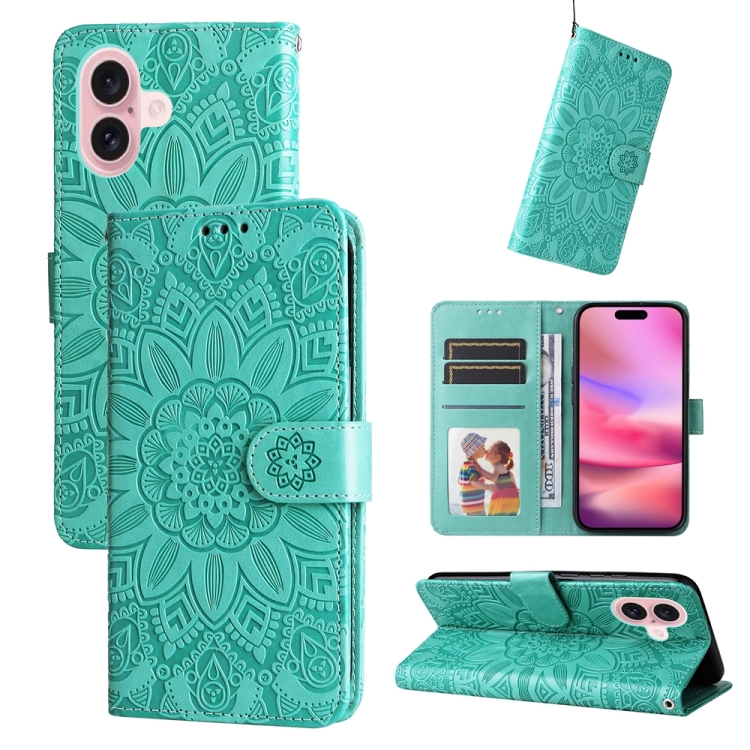 

For iPhone 16 Embossed Sunflower Leather Phone Case(Green)