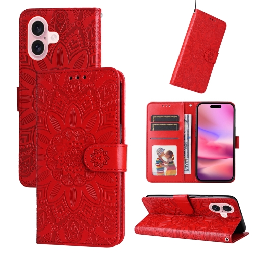 

For iPhone 16 Embossed Sunflower Leather Phone Case(Red)