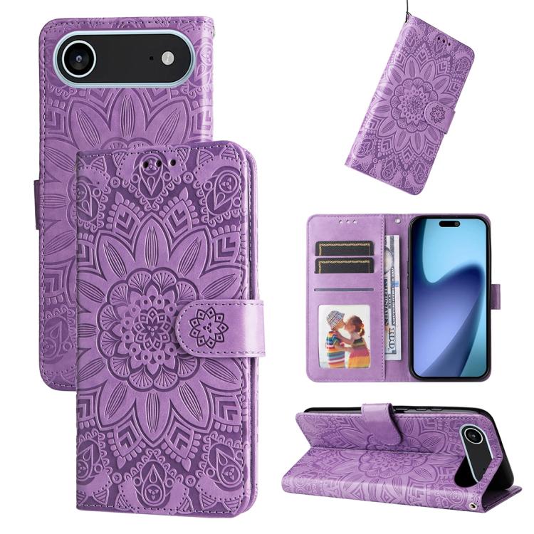 

For iPhone 17 Air Embossed Sunflower Leather Phone Case(Purple)