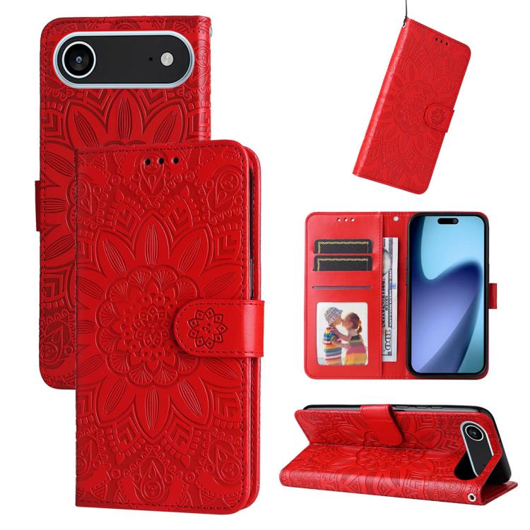 

For iPhone Air Embossed Sunflower Leather Phone Case(Red)