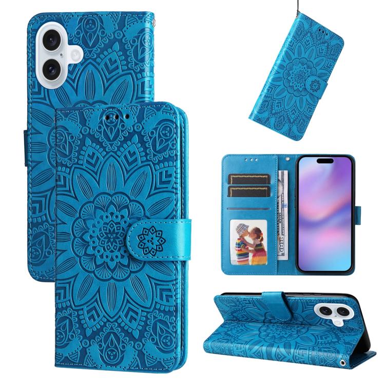 

For iPhone 17 Embossed Sunflower Leather Phone Case(Blue)