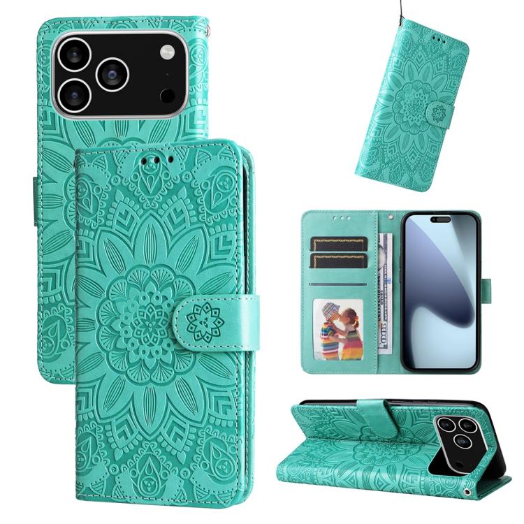 

For iPhone 17 Pro Embossed Sunflower Leather Phone Case(Green)