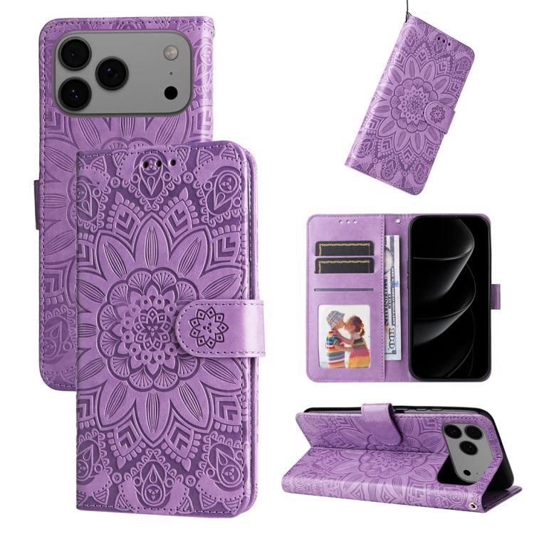 

For iPhone 17 Pro Max Embossed Sunflower Leather Phone Case(Purple)