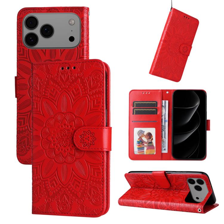 

For iPhone 17 Pro Max Embossed Sunflower Leather Phone Case(Red)