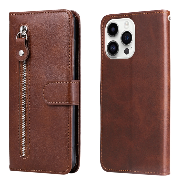 

For iPhone 15 Pro Fashion Calf Texture Zipper Leather Phone Case(Brown)