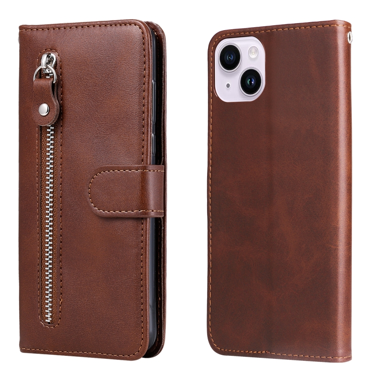 

For iPhone 15 Plus Fashion Calf Texture Zipper Leather Phone Case(Brown)