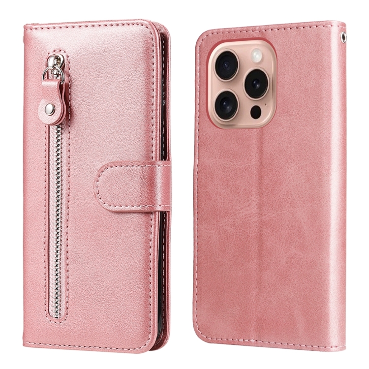

For iPhone 16 Pro Fashion Calf Texture Zipper Leather Phone Case(Rose Gold)