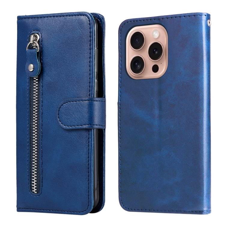

For iPhone 16 Pro Fashion Calf Texture Zipper Leather Phone Case(Blue)